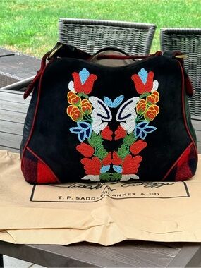 Rare Tasha Polizzi T.P. Saddleblanket Hand Beaded Wool Leather Shoulder Bag